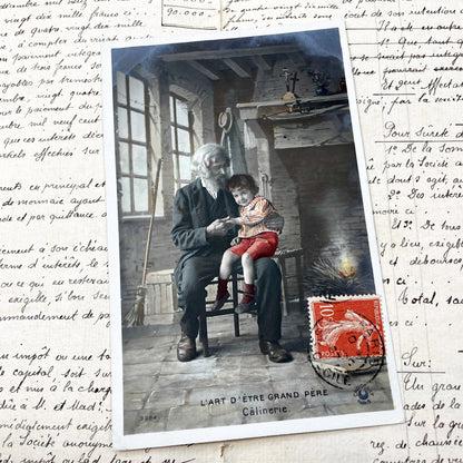 1910s - French Postcard Grandfather Child Portrait - Sentimental Belle Epoque Art - L'Art D'Être Grand Père Câlinerie - Vintage Family Scene