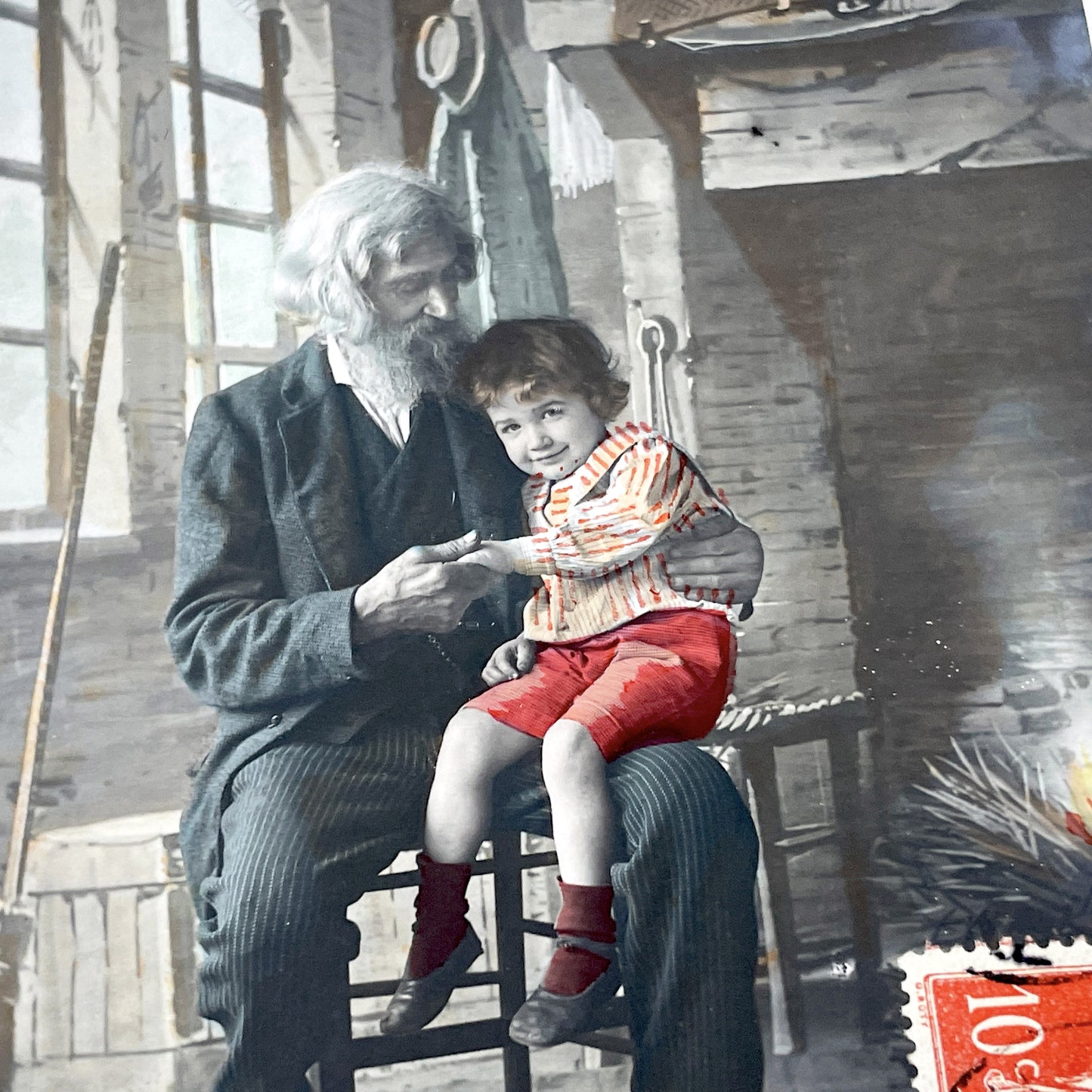 1910s - French Postcard Grandfather Child Portrait - Sentimental Belle Epoque Art - L'Art D'Être Grand Père Câlinerie - Vintage Family Scene