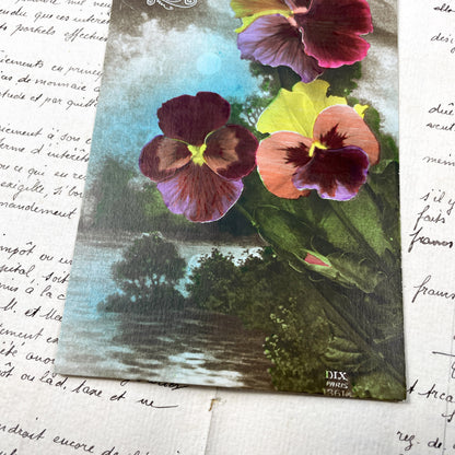 1920s - French Sentimental Postcard - Antique Pansy Flowers - Floral Art Nouveau Era Collectible - Vintage Dix Paris Ephemera