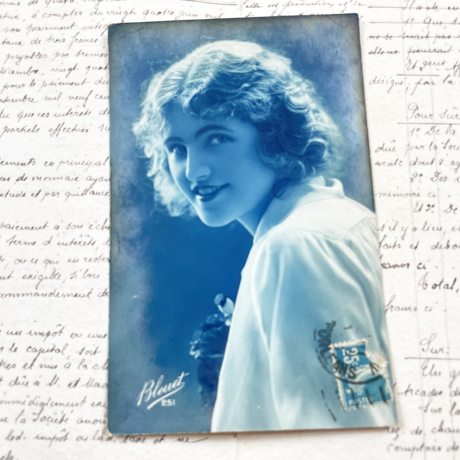 1920s - Vintage French Postcard - Young Woman Portrait - Blue Toned Photography - Curly Hair - Elegant Era - Bleuet ESI Collectible