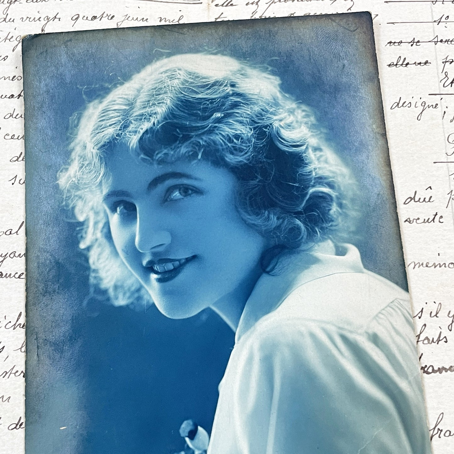 1920s - Vintage French Postcard - Young Woman Portrait - Blue Toned Photography - Curly Hair - Elegant Era - Bleuet ESI Collectible