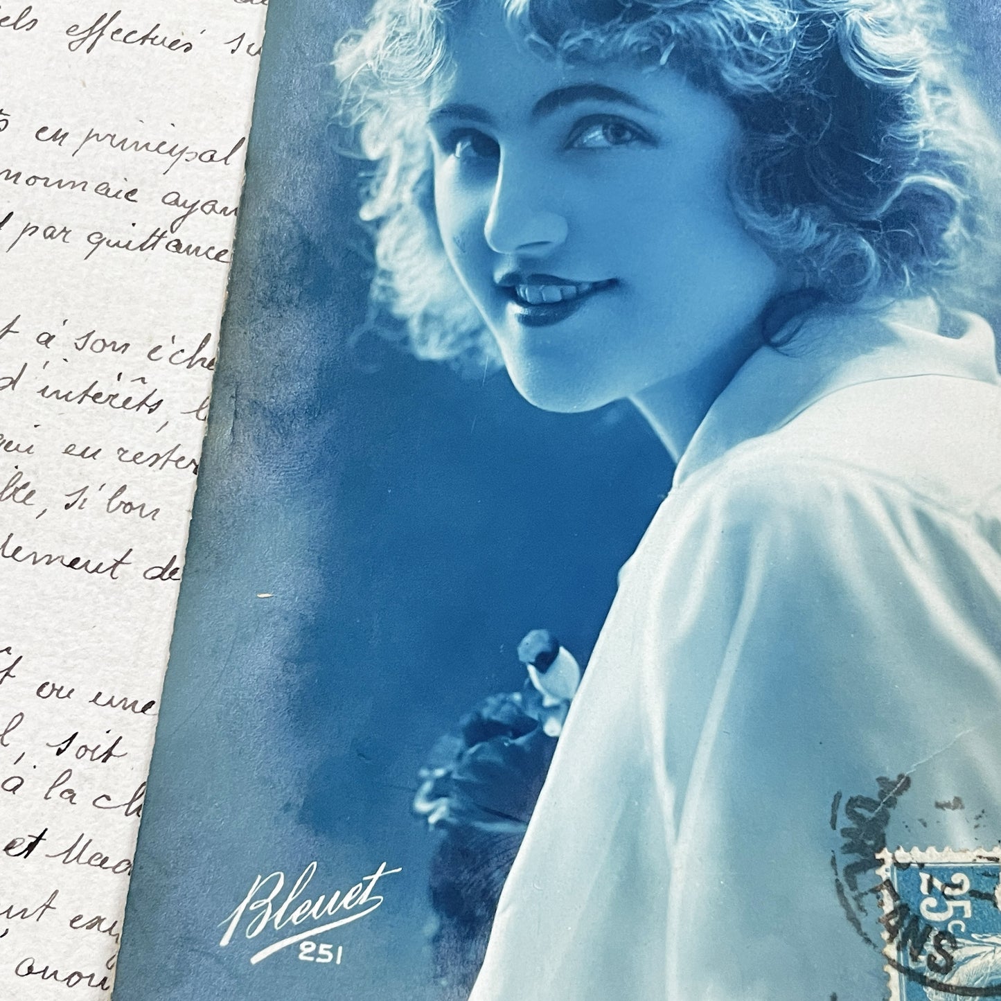 1920s - Vintage French Postcard - Young Woman Portrait - Blue Toned Photography - Curly Hair - Elegant Era - Bleuet ESI Collectible