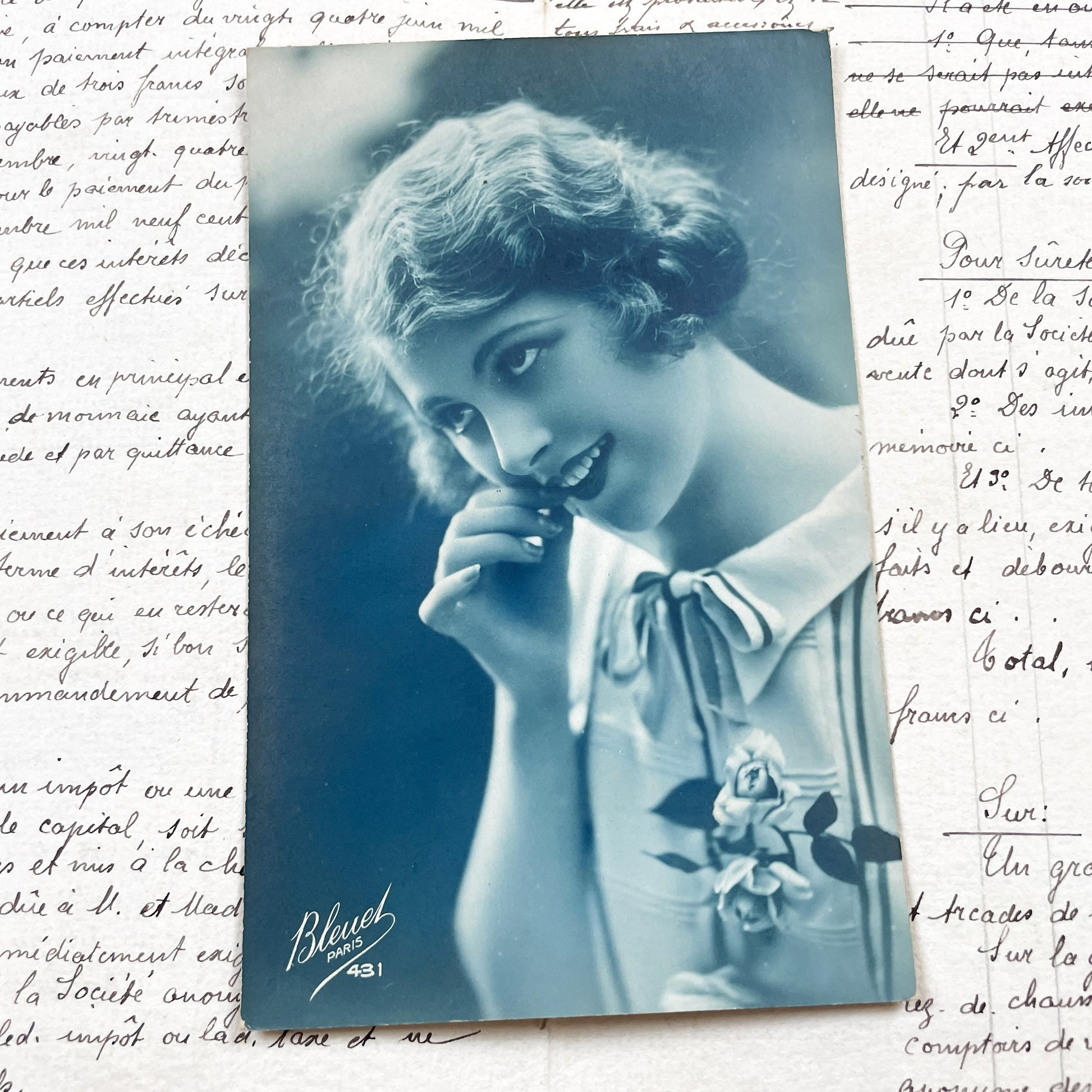 1920s - Elegant French Glamour Portrait Postcard - Woman with Finger Waves - Bleuet Paris Collectible Ephemera - Art Deco Fashion Style