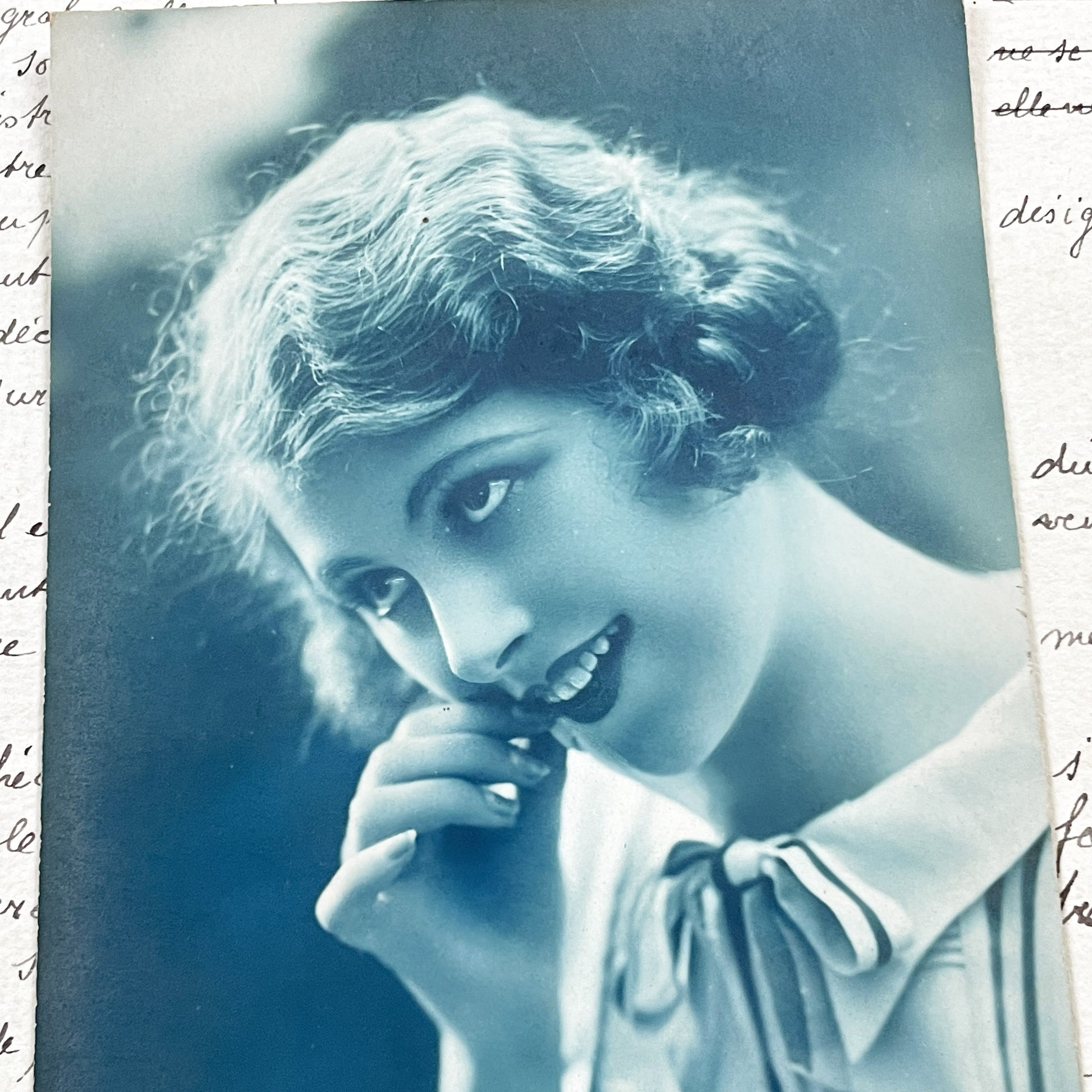 1920s - Elegant French Glamour Portrait Postcard - Woman with Finger Waves - Bleuet Paris Collectible Ephemera - Art Deco Fashion Style