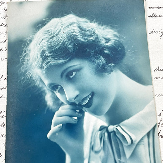 1920s - Elegant French Glamour Portrait Postcard - Woman with Finger Waves - Bleuet Paris Collectible Ephemera - Art Deco Fashion Style