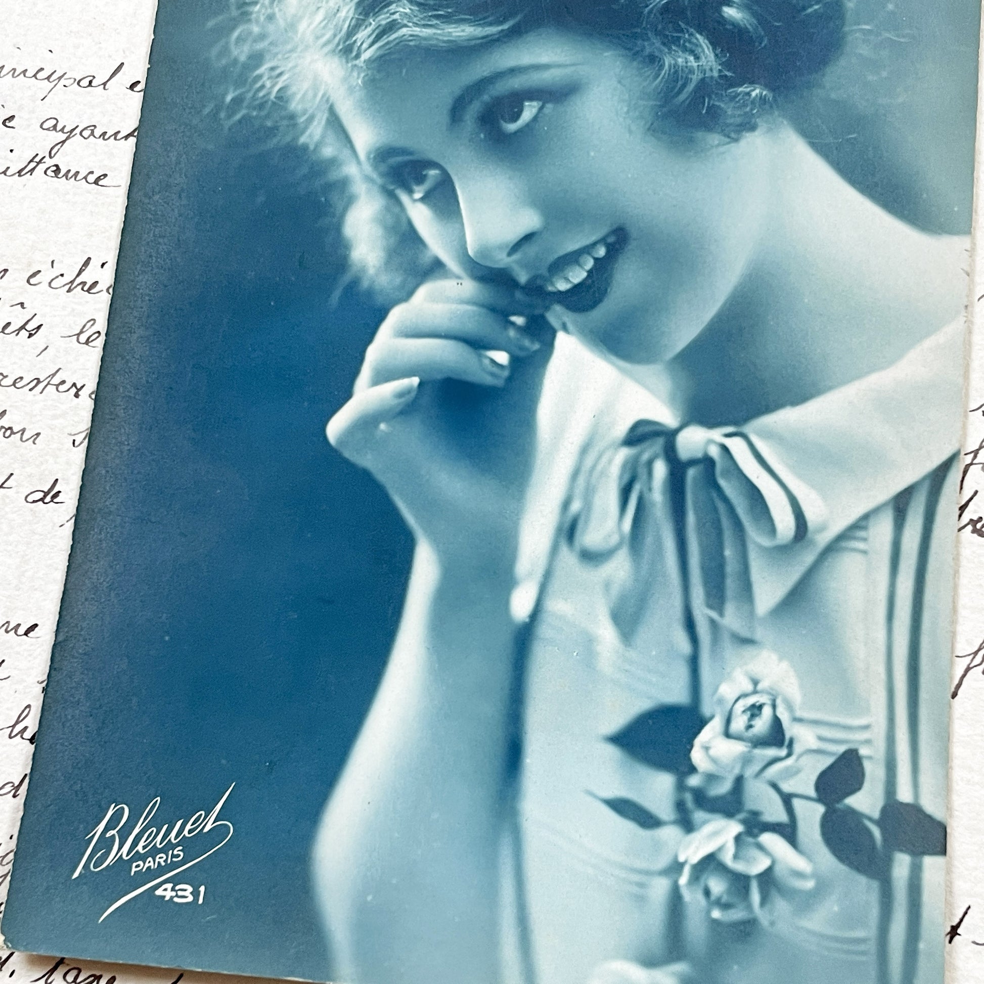 1920s - Elegant French Glamour Portrait Postcard - Woman with Finger Waves - Bleuet Paris Collectible Ephemera - Art Deco Fashion Style