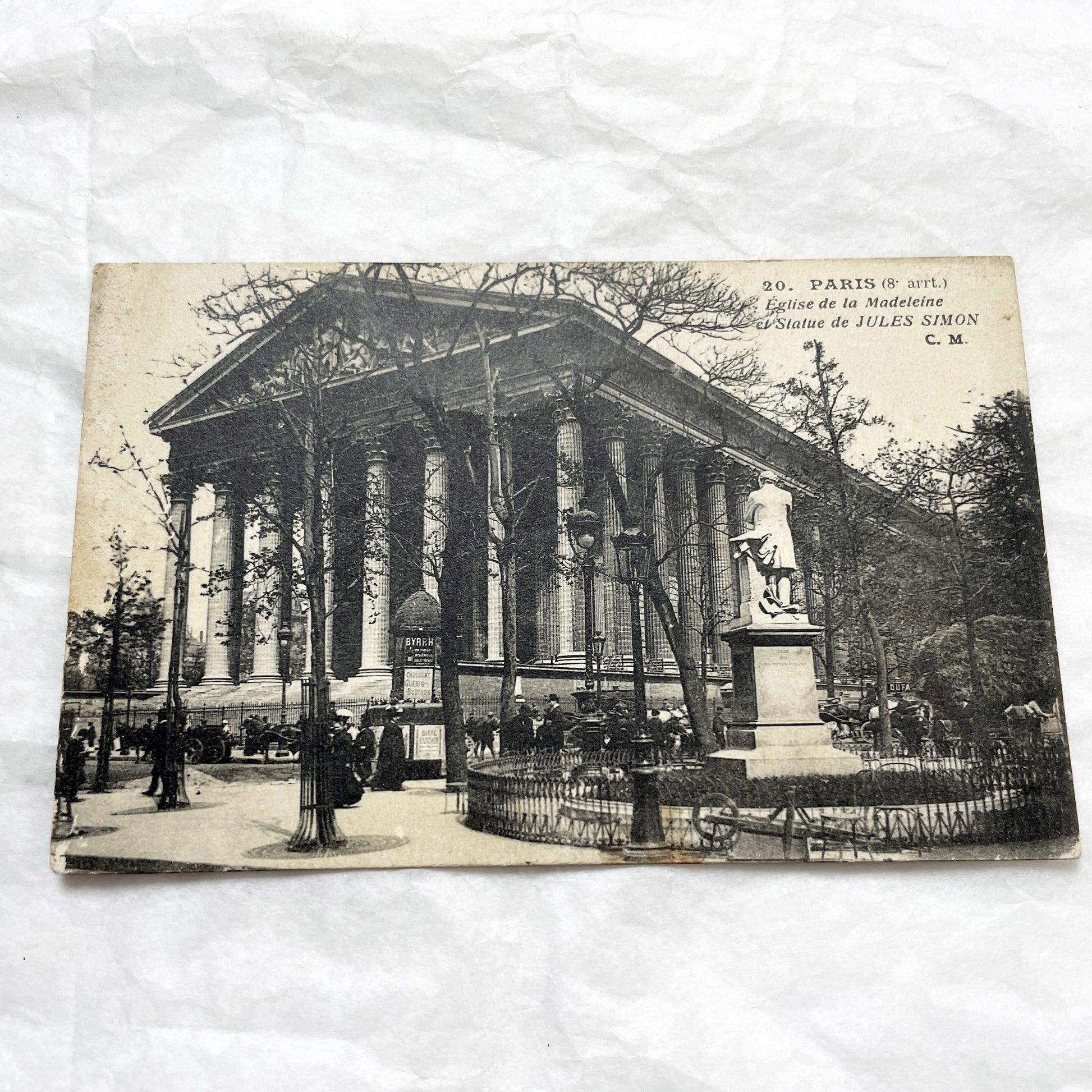 1910s - Historic Paris Postcard - Eglise De La Madeleine - Jules Simon Statue - French Landmark - Early 20th Century Street View