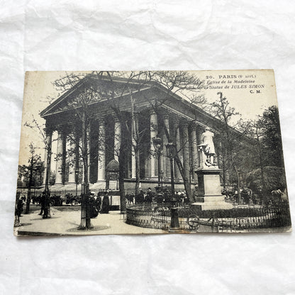 1910s - Historic Paris Postcard - Eglise De La Madeleine - Jules Simon Statue - French Landmark - Early 20th Century Street View