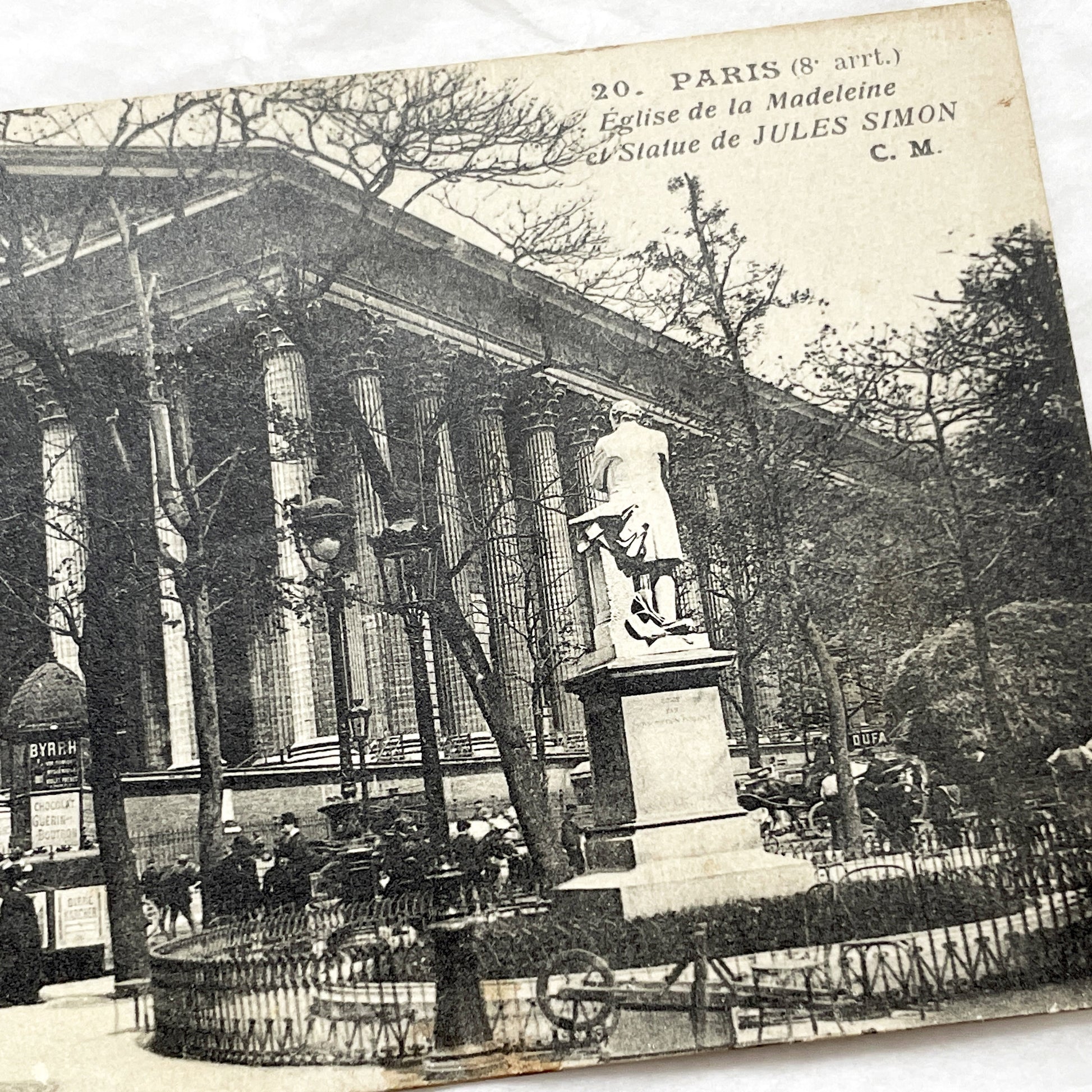 1910s - Historic Paris Postcard - Eglise De La Madeleine - Jules Simon Statue - French Landmark - Early 20th Century Street View