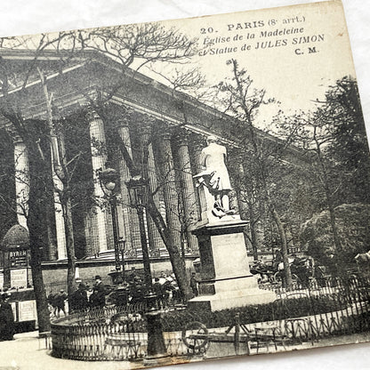 1910s - Historic Paris Postcard - Eglise De La Madeleine - Jules Simon Statue - French Landmark - Early 20th Century Street View
