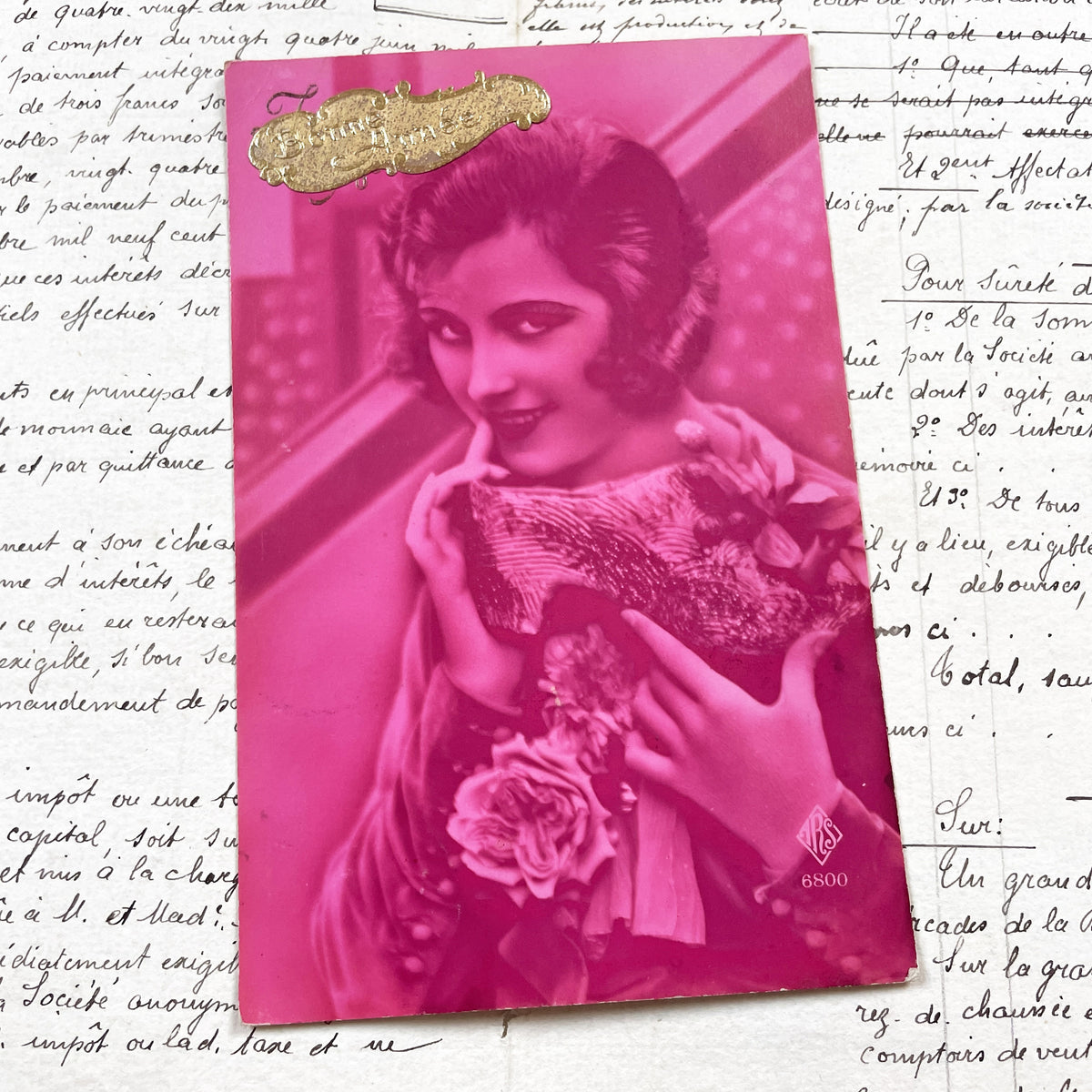 1920s - Vintage French Postcard - Magenta Toned Flapper Woman - Elegant Parisian Lady - Art Deco Fashion - Collectible Ephemera