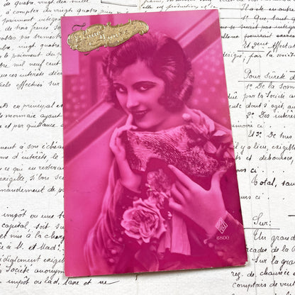 1920s - Vintage French Postcard - Magenta Toned Flapper Woman - Elegant Parisian Lady - Art Deco Fashion - Collectible Ephemera