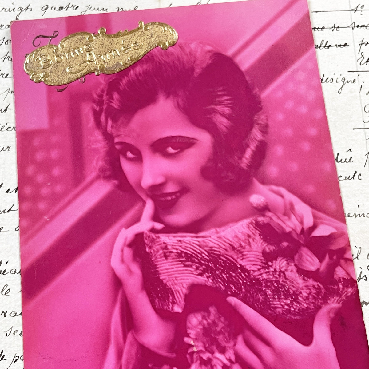 1920s - Vintage French Postcard - Magenta Toned Flapper Woman - Elegant Parisian Lady - Art Deco Fashion - Collectible Ephemera