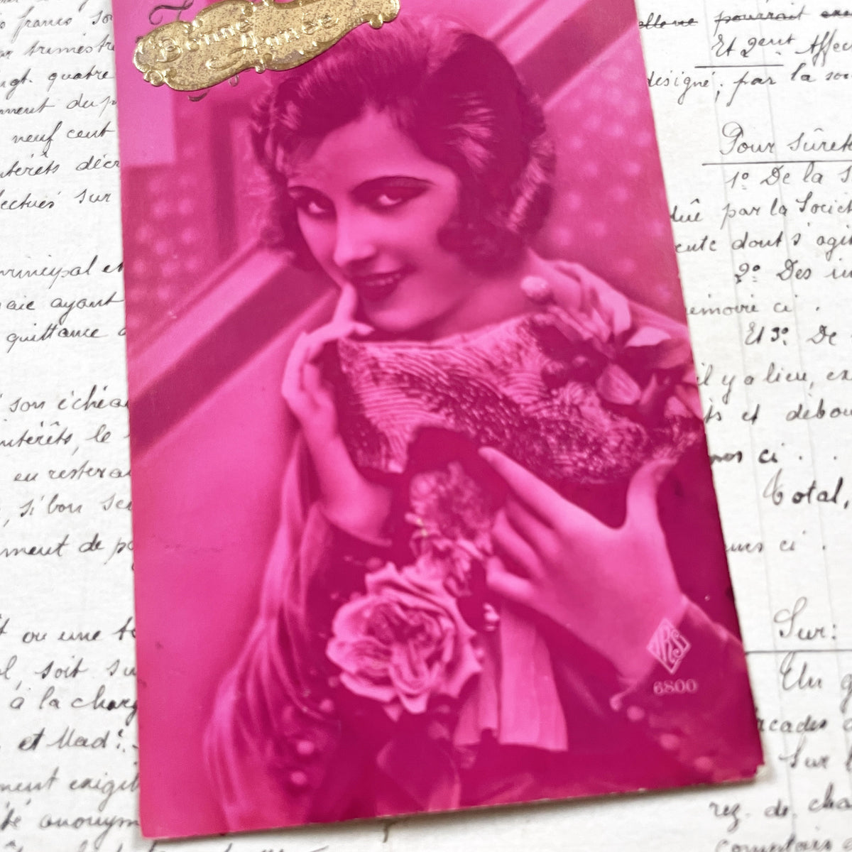 1920s - Vintage French Postcard - Magenta Toned Flapper Woman - Elegant Parisian Lady - Art Deco Fashion - Collectible Ephemera