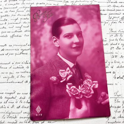 1920s - Vintage French Postcard - Portrait of a Dapper Young Man Holding Roses - Magenta Tint - Elegant Bonne Fete Greeting