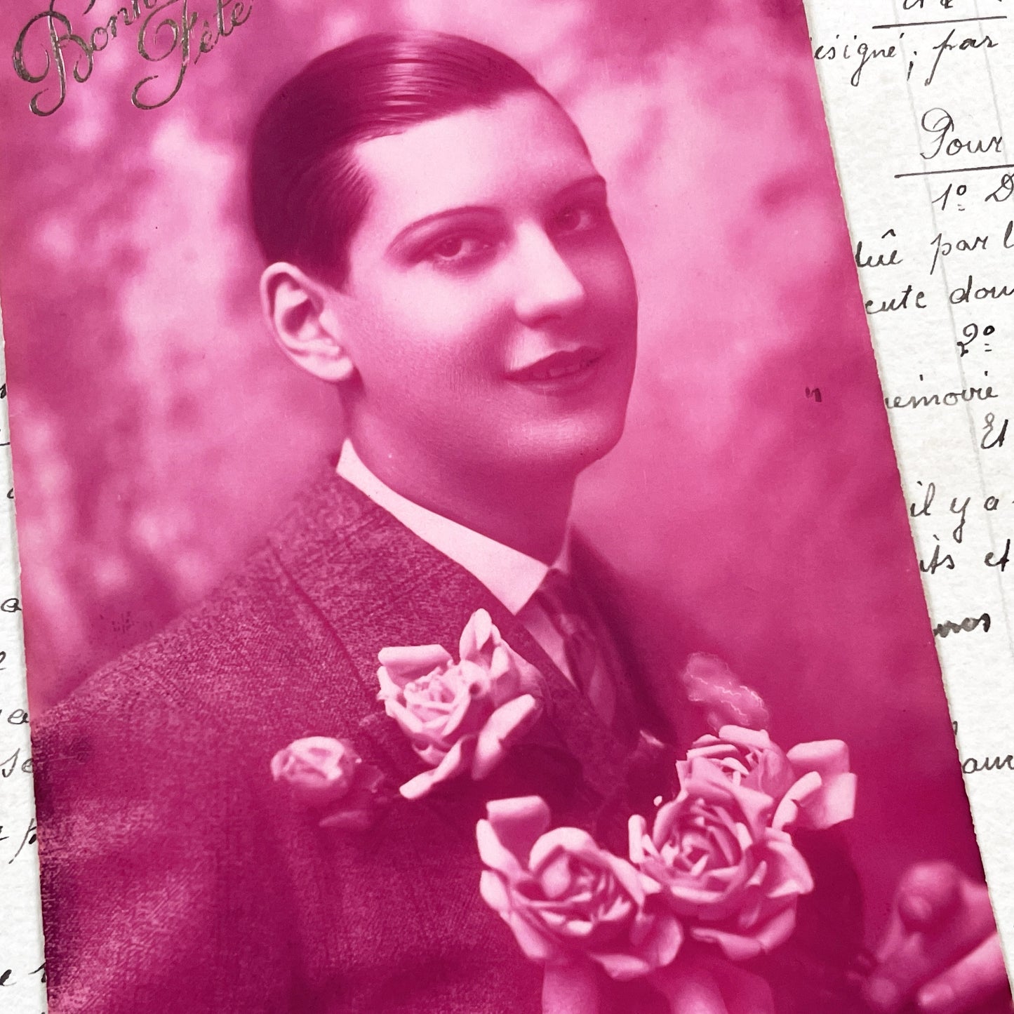 1920s - Vintage French Postcard - Portrait of a Dapper Young Man Holding Roses - Magenta Tint - Elegant Bonne Fete Greeting
