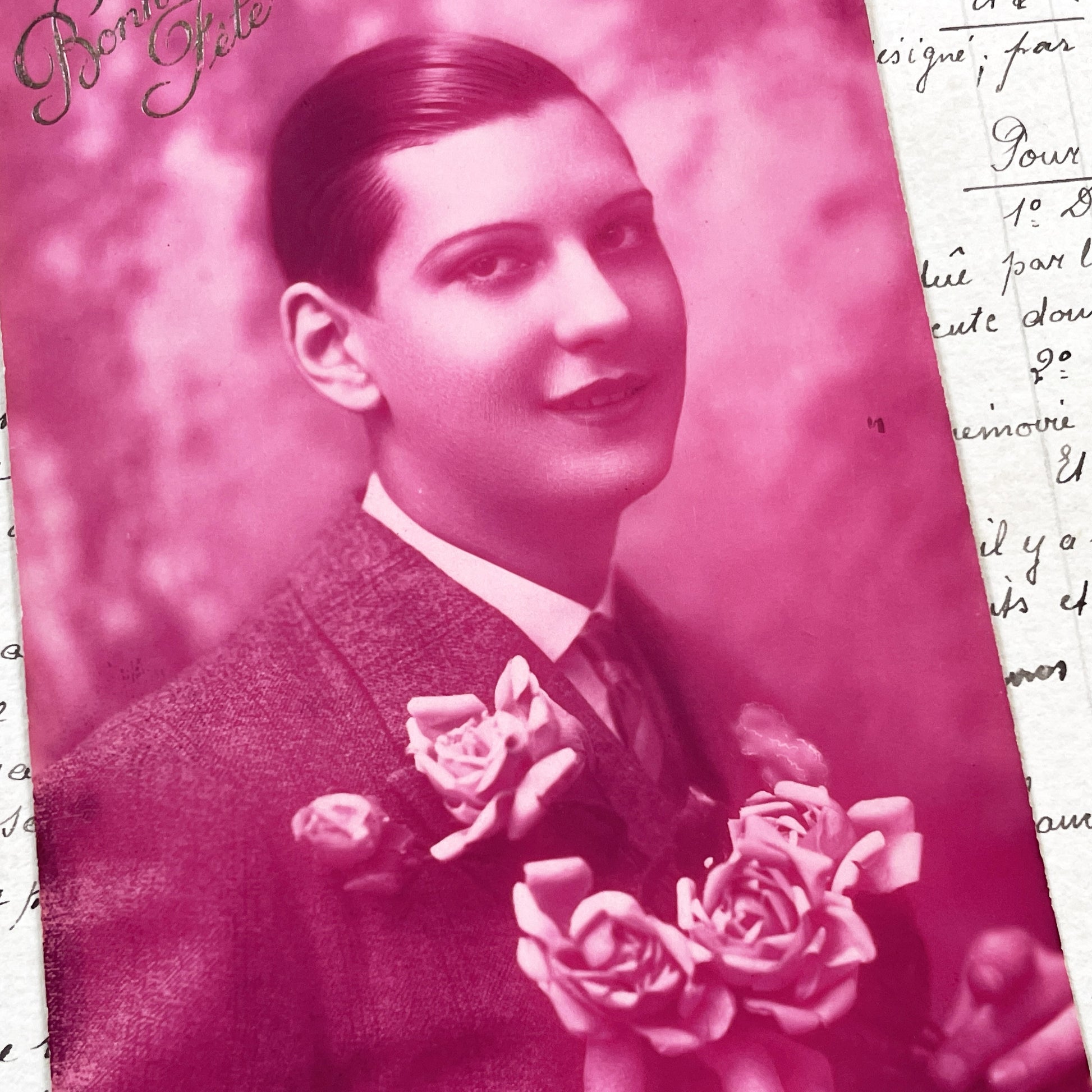 1920s - Vintage French Postcard - Portrait of a Dapper Young Man Holding Roses - Magenta Tint - Elegant Bonne Fete Greeting