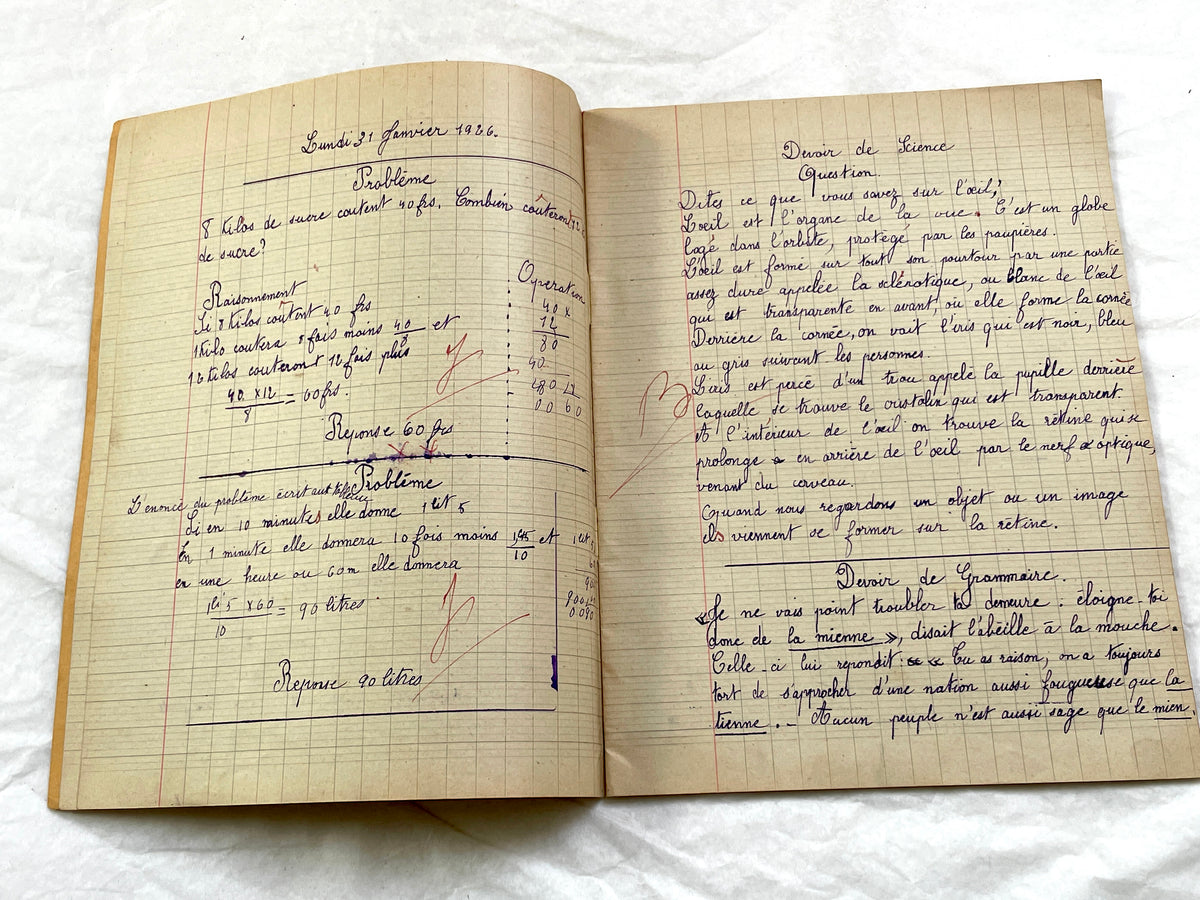 1920s - French School Notebook - Young Girl's Handwritten Lessons - Vintage French Education Ephemera