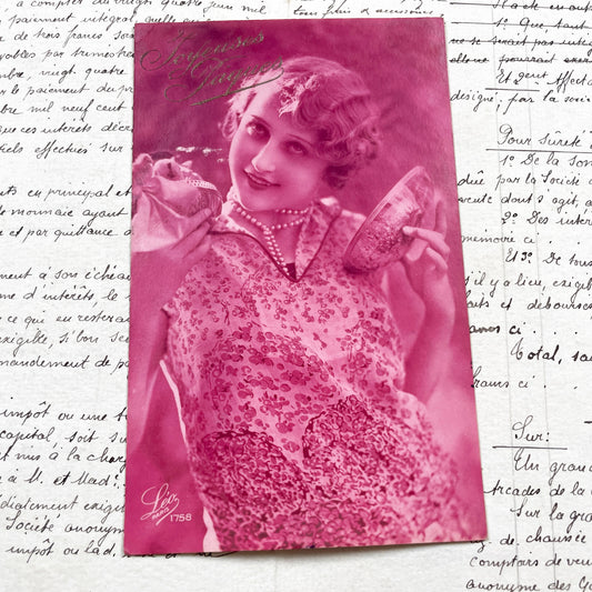 1920s - Vintage French Postcard - Stylish Flapper Woman Portrait - Holding Decorative Objects - Joyeuses Fêtes - Parisian Publisher Léo
