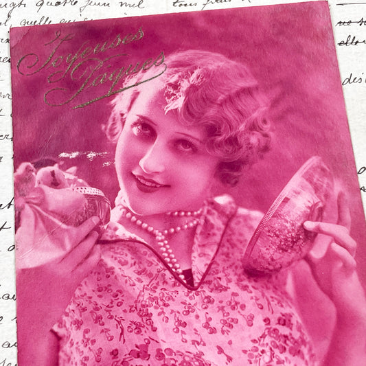 1920s - Vintage French Postcard - Stylish Flapper Woman Portrait - Holding Decorative Objects - Joyeuses Fêtes - Parisian Publisher Léo