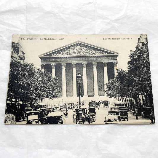 1910s - Paris La Madeleine Church Postcard - Vintage French Landmark - Historic Street Scene - Early Automobiles - French Capital