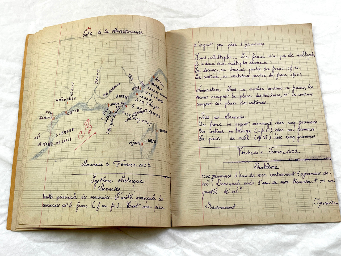 1920s - French School Notebook - Young Girl's Handwritten Lessons - Vintage French Education Ephemera