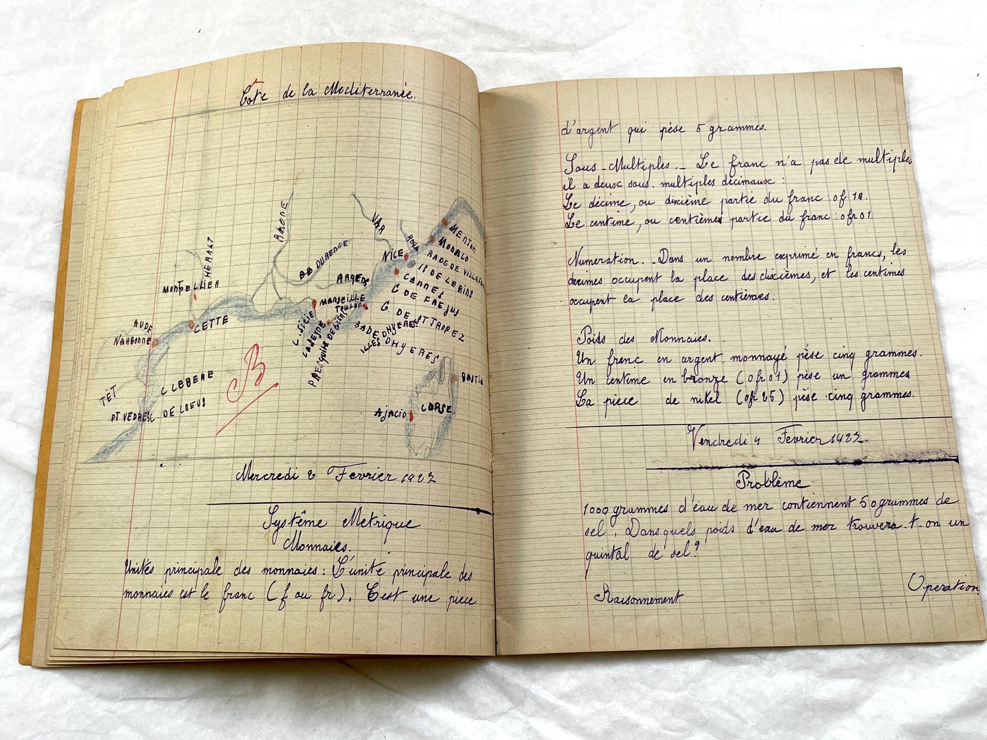 1920s - French School Notebook - Young Girl's Handwritten Lessons - Vintage French Education Ephemera