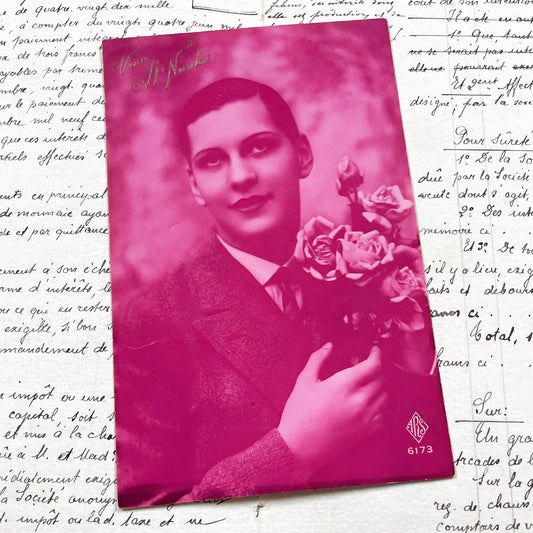 1920s - Vintage French Postcard - Portrait Of A Young Man Holding Roses - Actor - Magenta Color - 'Vive St-Nicolas' Inscription