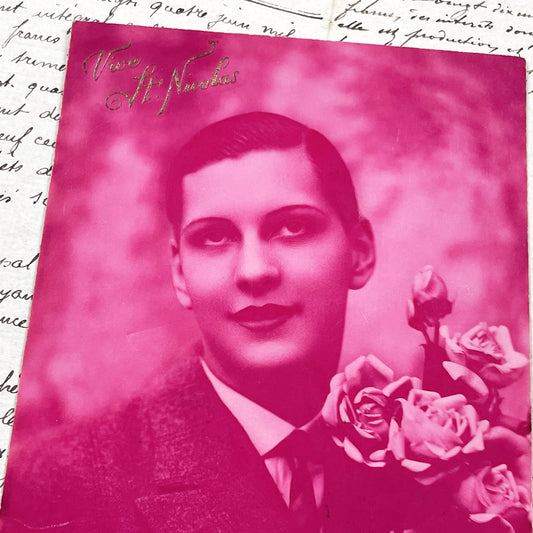 1920s - Vintage French Postcard - Portrait Of A Young Man Holding Roses - Actor - Magenta Color - 'Vive St-Nicolas' Inscription