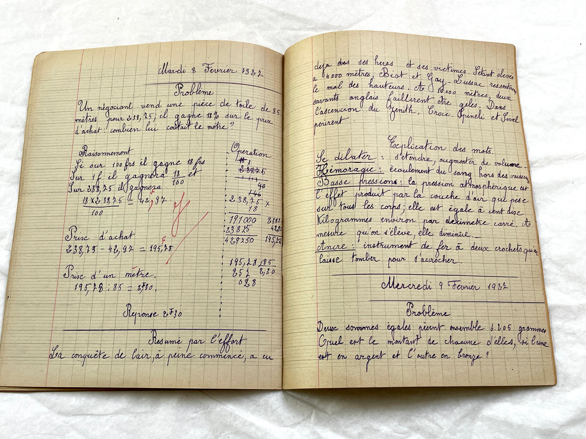 1920s - French School Notebook - Young Girl's Handwritten Lessons - Vintage French Education Ephemera