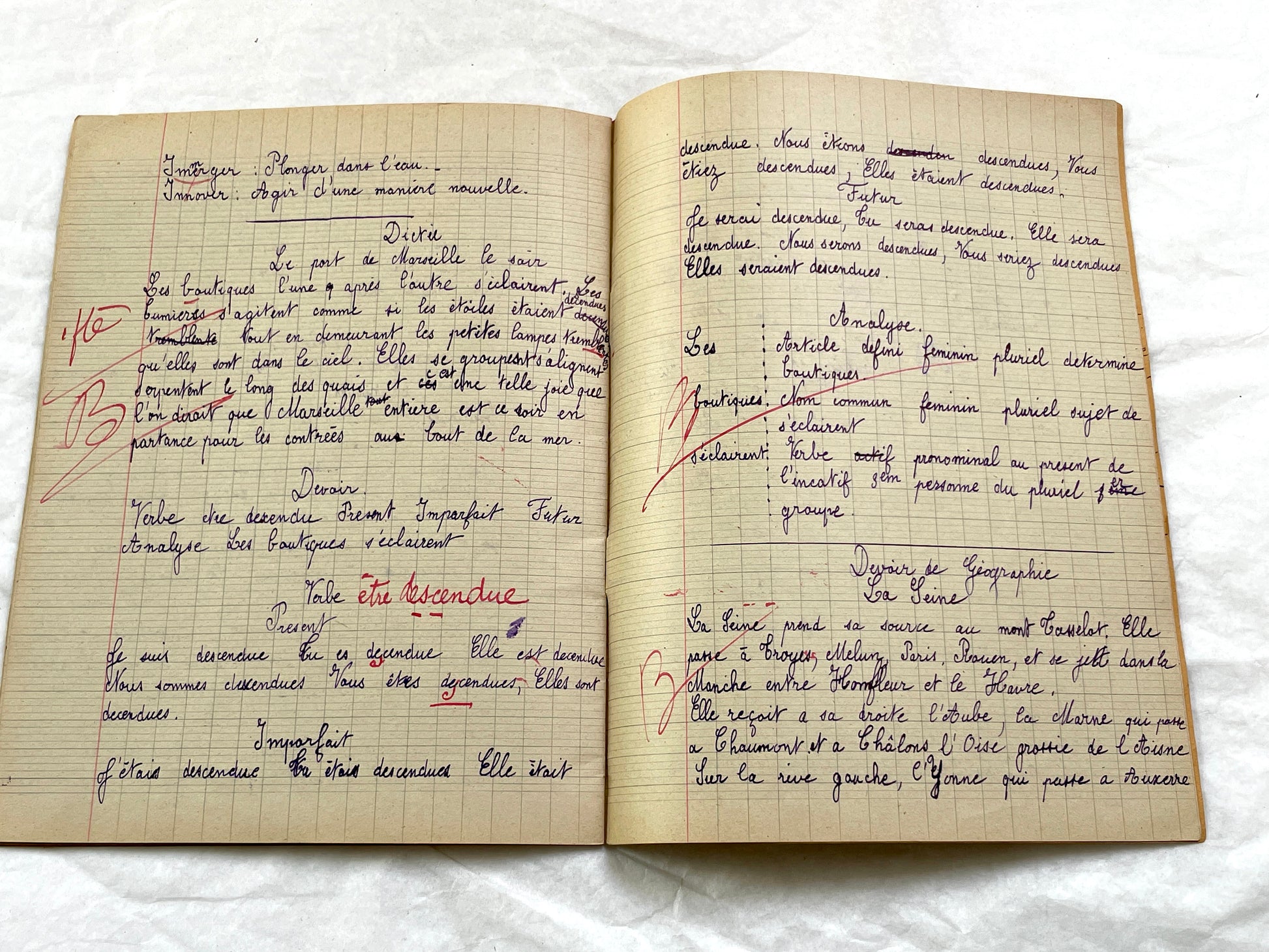 1920s - French School Notebook - Young Girl's Handwritten Lessons - Vintage French Education Ephemera