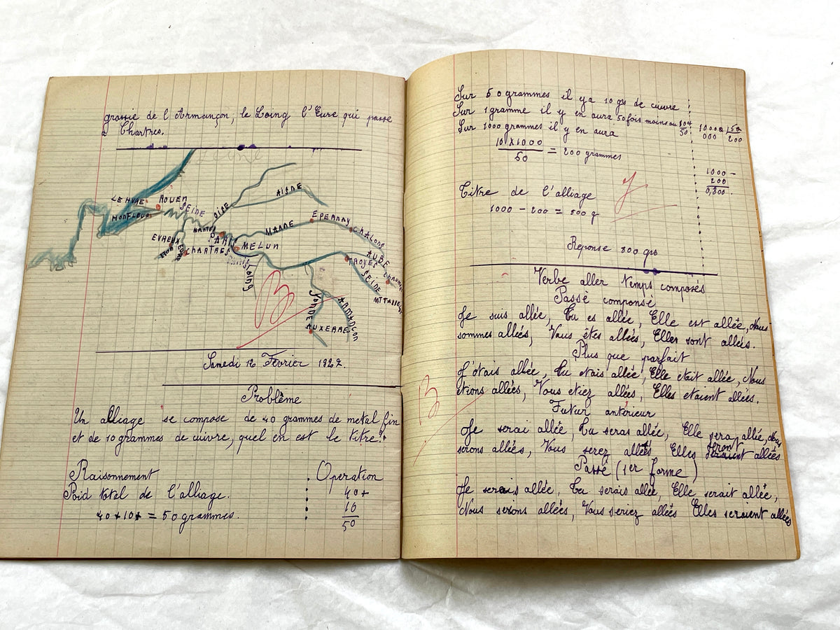 1920s - French School Notebook - Young Girl's Handwritten Lessons - Vintage French Education Ephemera