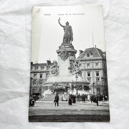 1910s - Vintage Paris Statue de la République Postcard - Historic French Monument Landmark View - Black & White Photography Ephemera