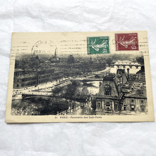 1920s - Vintage Paris Postcard - Seine River Panorama - Historic Sept-Ponts View - Parisian Architecture - Black White Cityscape