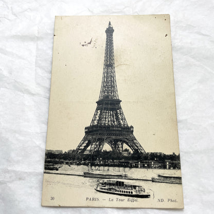 1910s - Vintage Paris Eiffel Tower Postcard - Seine River Boat -  Landmark View - Parisian Belle Époque Souvenir - Architectural Masterpiece