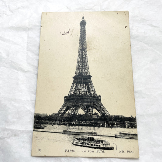 1910s - Vintage Paris Eiffel Tower Postcard - Seine River Boat -  Landmark View - Parisian Belle Époque Souvenir - Architectural Masterpiece