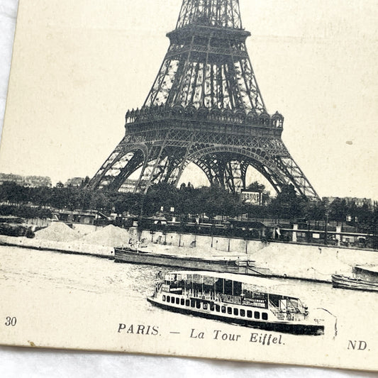 1910s - Vintage Paris Eiffel Tower Postcard - Seine River Boat -  Landmark View - Parisian Belle Époque Souvenir - Architectural Masterpiece