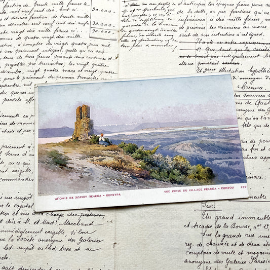 1910s - Greek Corfu Postcard - Peleka Village Greece Scenic View - Ancient Ruins And Serene Landscape Art Print - Vintage European Travel.