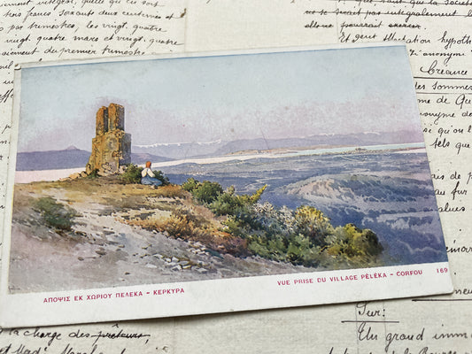 1910s - Greek Corfu Postcard - Peleka Village Greece Scenic View - Ancient Ruins And Serene Landscape Art Print - Vintage European Travel.