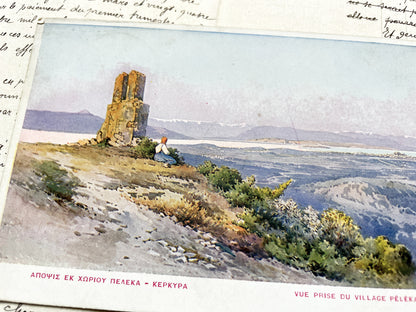 1910s - Greek Corfu Postcard - Peleka Village Greece Scenic View - Ancient Ruins And Serene Landscape Art Print - Vintage European Travel.