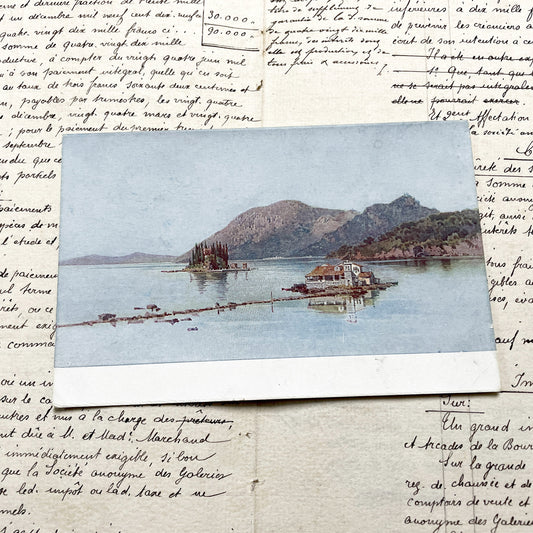 1910s - Vintage Greek Postcard - Island Landscape - Historic European Architecture - Mountain View - Mediterranean Coastal Scene