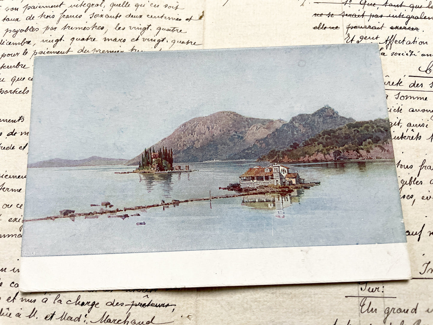 1910s - Vintage Greek Postcard - Island Landscape - Historic European Architecture - Mountain View - Mediterranean Coastal Scene