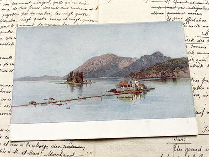 1910s - Vintage Greek Postcard - Island Landscape - Historic European Architecture - Mountain View - Mediterranean Coastal Scene