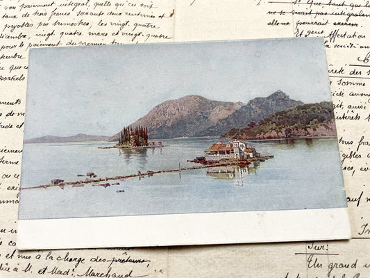 1910s - Vintage Greek Postcard - Island Landscape - Historic European Architecture - Mountain View - Mediterranean Coastal Scene