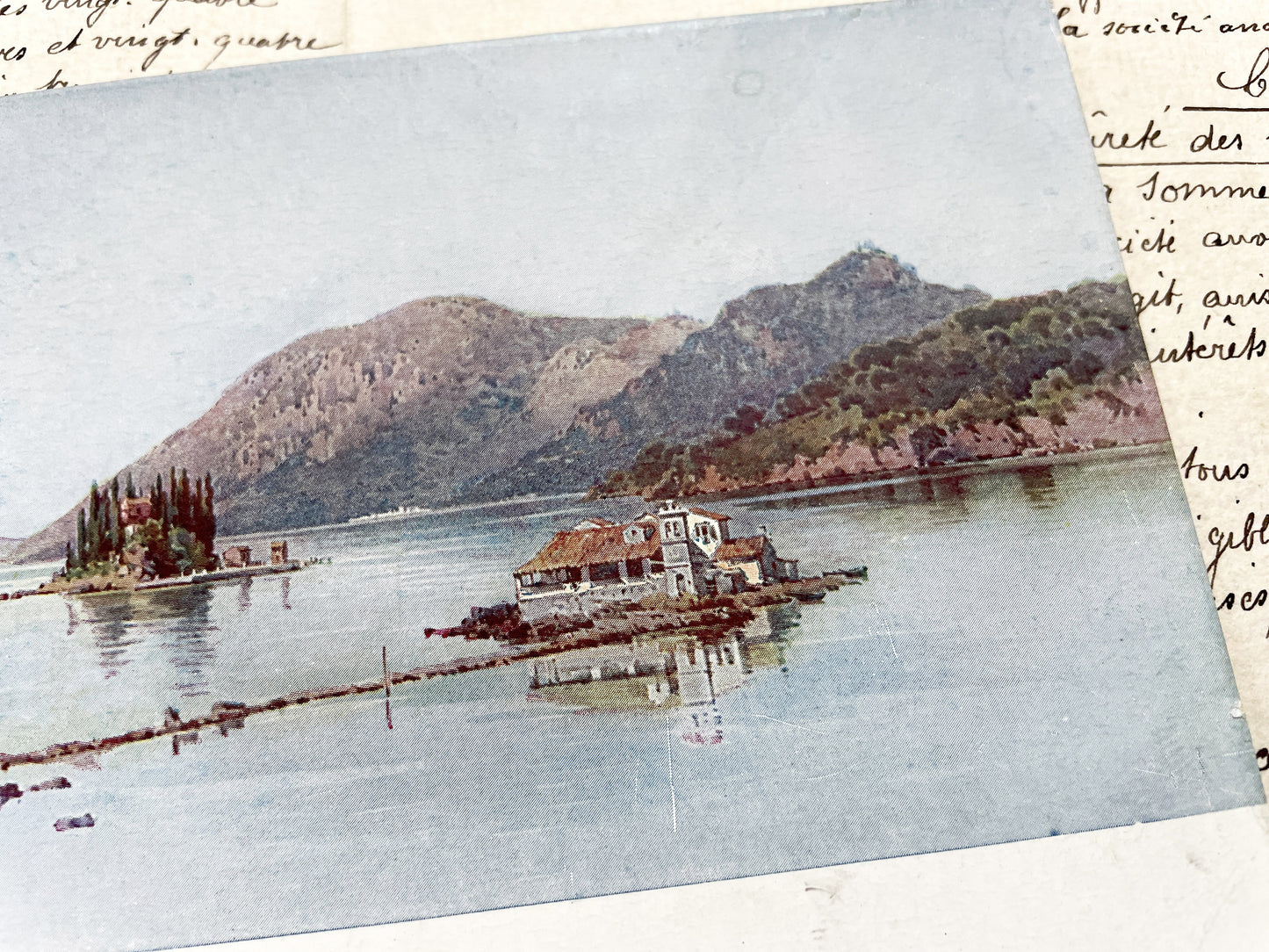 1910s - Vintage Greek Postcard - Island Landscape - Historic European Architecture - Mountain View - Mediterranean Coastal Scene