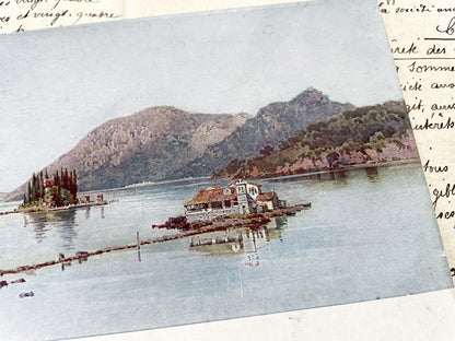 1910s - Vintage Greek Postcard - Island Landscape - Historic European Architecture - Mountain View - Mediterranean Coastal Scene