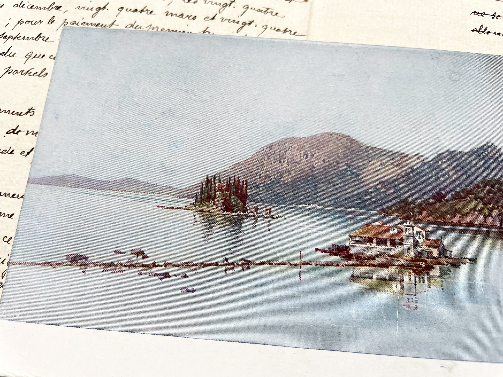 1910s - Vintage Greek Postcard - Island Landscape - Historic European Architecture - Mountain View - Mediterranean Coastal Scene