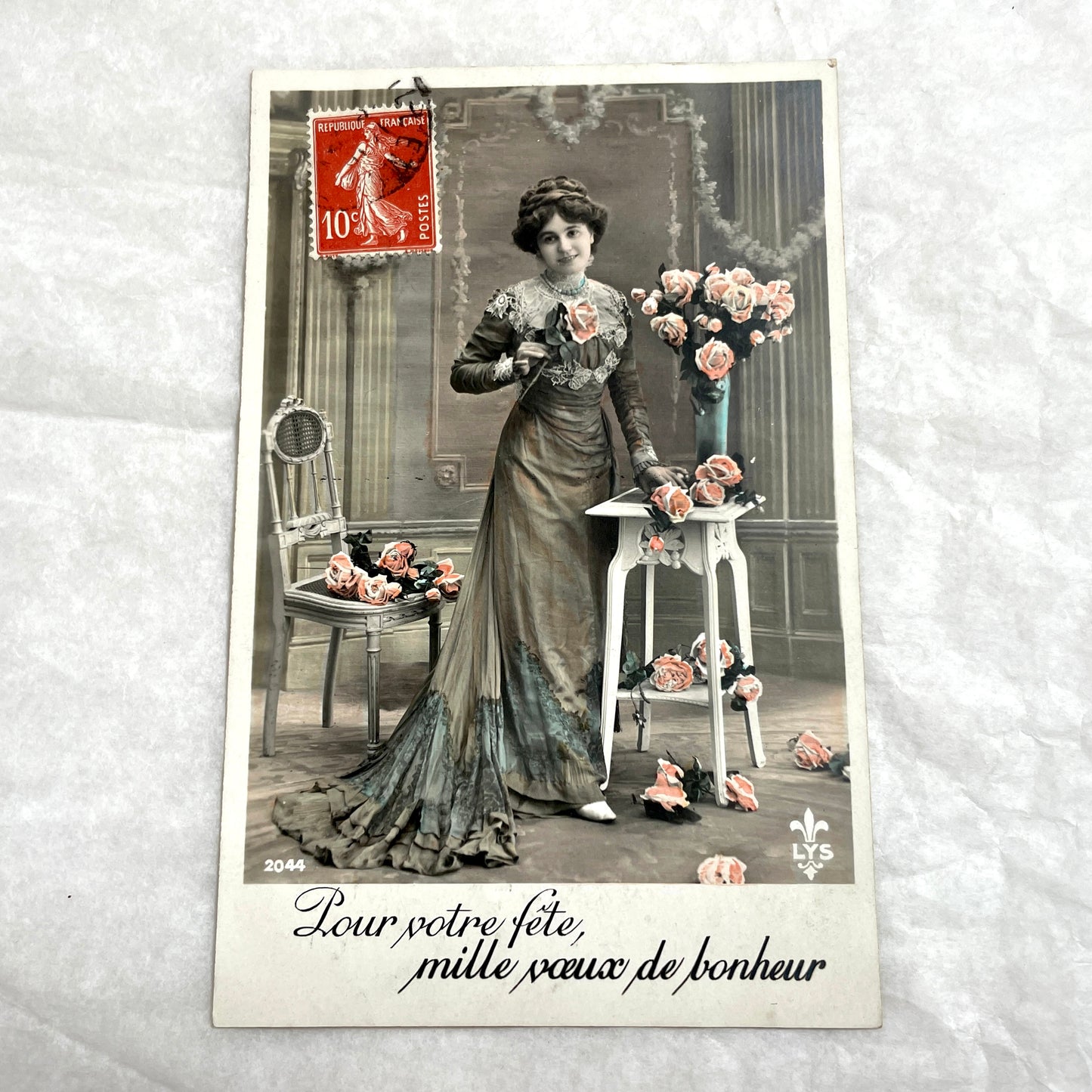 1900s - French Postcard - Belle Époque Woman with Roses - Birthday Greeting