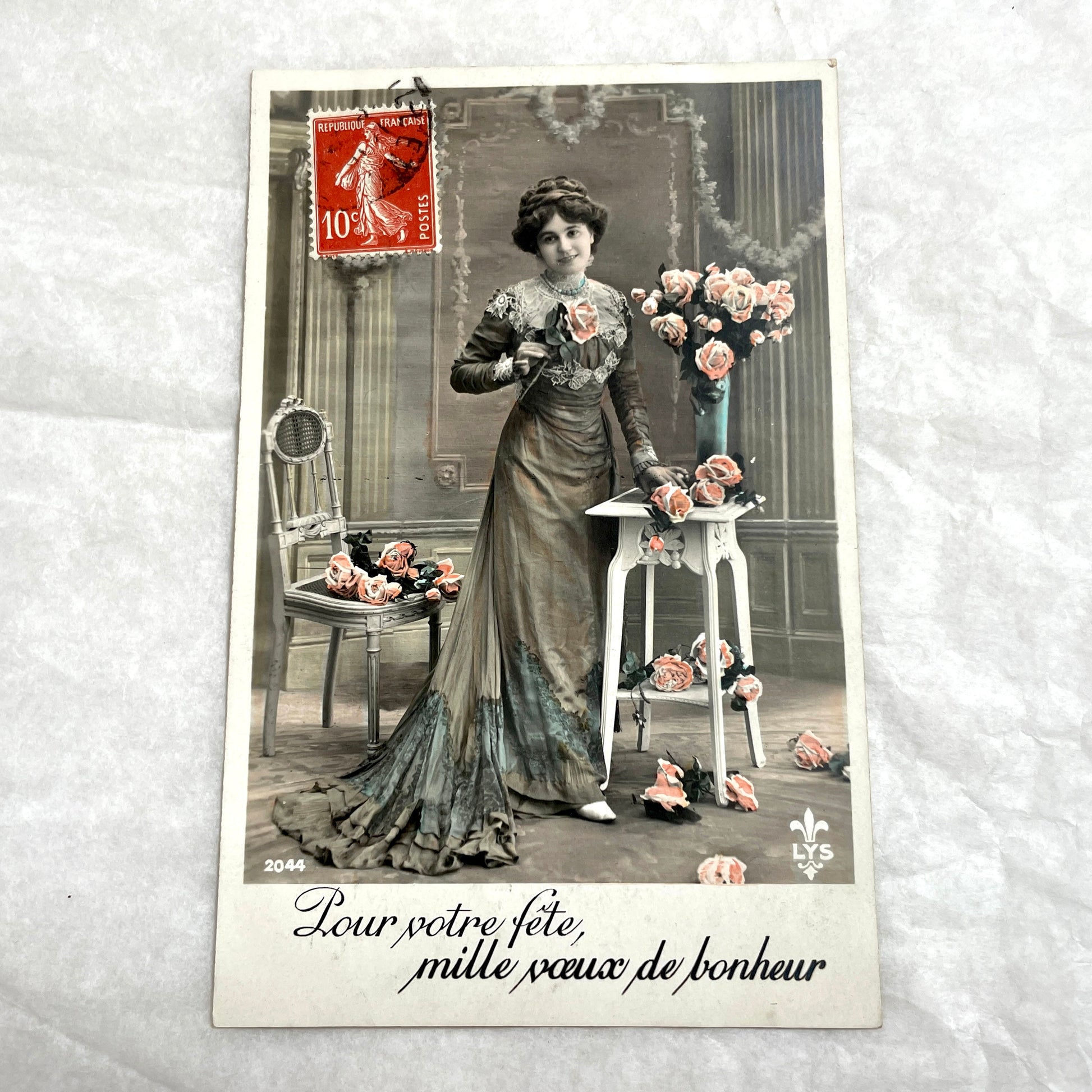 1900s - French Postcard - Belle Époque Woman with Roses - Birthday Greeting