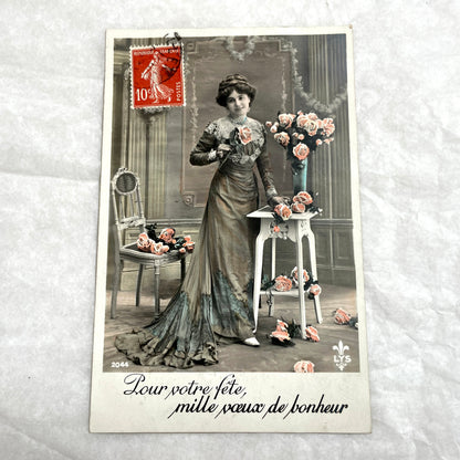 1900s - French Postcard - Belle Époque Woman with Roses - Birthday Greeting